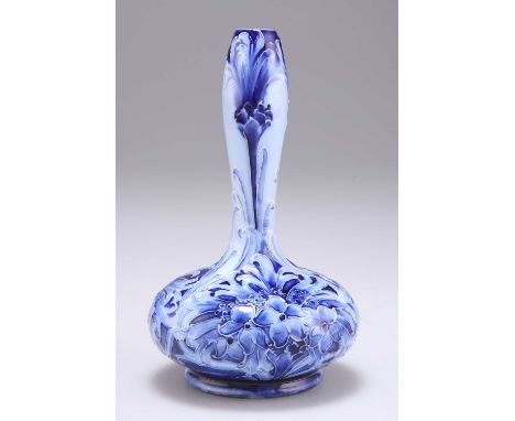 WILLIAM MOORCROFT, A FLORIAN WARE CORNFLOWER VASE c.1900, of squat form with tall baluster neck, brown printed Macintyre mark