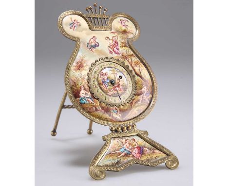 A VIENNESE ENAMEL AND GILT-METAL TABLE CLOCK c.1880, the lyre-shaped case with easel strut, decorated with cavorting putti an