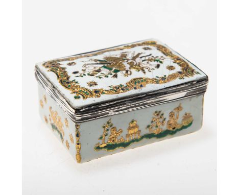 A ROCOCO ENAMEL AND SILVER-MOUNTED TABLE SNUFF BOX Fromery workshop, rectangular with a slightly domed cover, the cover decor