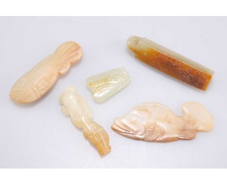 FIVE JADE TOGGLE PENDANT CARVINGS comprising TWO FISH; A FIGURE; A CICADA; and A PLUME HOLDER. (5) 6.5cm long and smaller