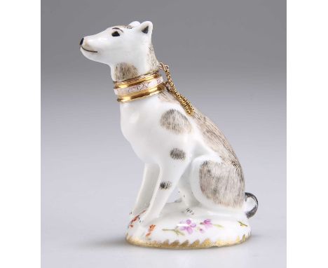 A CHELSEA SCENT BOTTLE AND STOPPER c.1755, modelled as a dog on a mound base, the head forming a stopper, the collar gold and