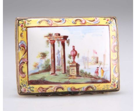 A BILSTON ENAMEL SNUFF BOX c.1780, rectangular with waisted sides and slightly domed cover, decorated with figures and Classi
