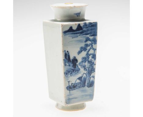 A CHINESE BLUE AND WHITE RED CLIFFS TYPE VASE tapering square form with a flared neck and raised on a short circular foot, de