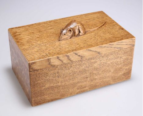 ROBERT THOMPSON OF KILBURN, A VINTAGE MOUSEMAN OAK TRINKET BOX rectangular with lift-off cover, adzed, with carved mouse sign