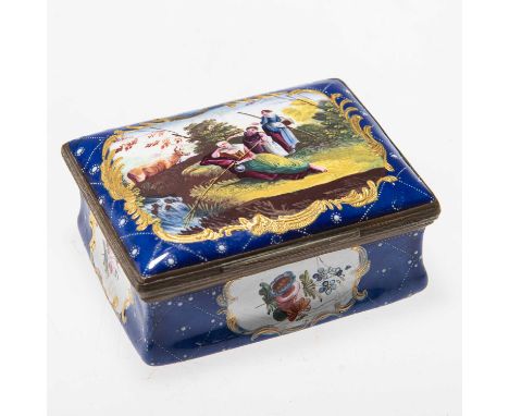 A BILSTON ENAMEL TABLE BOX c.1780, rectangular with waisted sides, the domed cover decorated with four figures and a cow by a