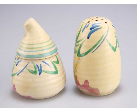 A CLARICE CLIFF LYNTON PEPPERETTE AND A CONDIMENT  decorated with palm trees in tones of green, blue and pink, Wilkinson Ltd 