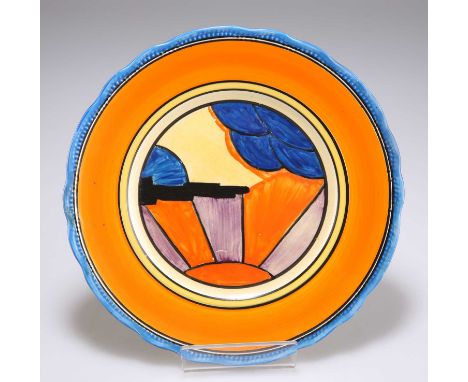 A CLARICE CLIFF BIZARRE SUNRAY PATTERN SIDE PLATE with a scalloped rim, Newport pottery backstamp. 20.5cm diameterSome scratc