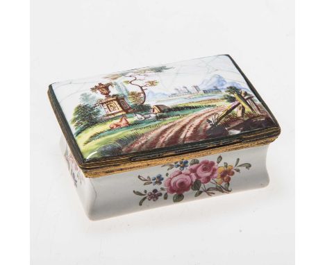 A BILSTON ENAMEL TABLE SNUFF BOX c.1780, the hinged cover decorated with two horses in a Classical landscape, with old Christ