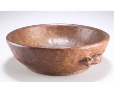 ROBERT THOMPSON OF KILBURN, AN EARLY MOUSEMAN OAK FRUIT BOWL c.1930-40, circular, adzed inside and out, with carved mouse sig