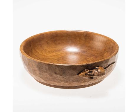 ROBERT THOMPSON OF KILBURN, A MOUSEMAN OAK NUT BOWL circular, adzed exterior, with carved mouse signature. 17cm diameterGolde