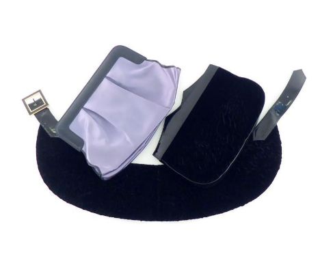 A pair of vintage handbags and a belt by Charles Jourdan. One lilac satin and navy leather trim bag, labelled inside Charles 
