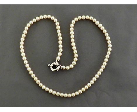 A cultured pearl necklace, composed of uniform 4.6mm, to an 18 carat white gold bolt ring clasp, 40cm long 