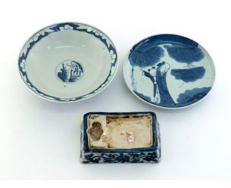 Chinese porcelain. A bowl, a plate and an inkstone, blue and white decoration, inkstone with Zhengde mark, in good condition,