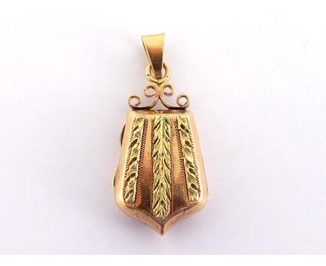 A 19th century two colour gold locket pendant, the tapering shield drop with yellow gold laurel bands, a pink gold body, with