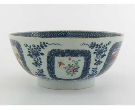 A large Chinese 18th century export porcelain famille rose bowl, painted polychrome figures with garden scene in under glaze 