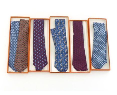 Hermes, Paris:- six gentlemen's silk ties, various motifs including koala bears, ducks and rabbits, contained in five Hermes 