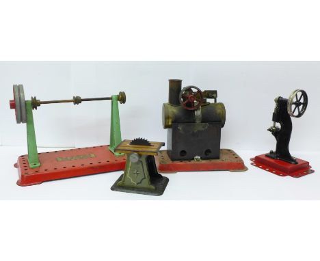 A Mamod steam engine and accessories, etc.