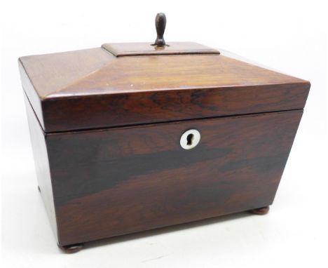 A rosewood tea caddy, replacement finial