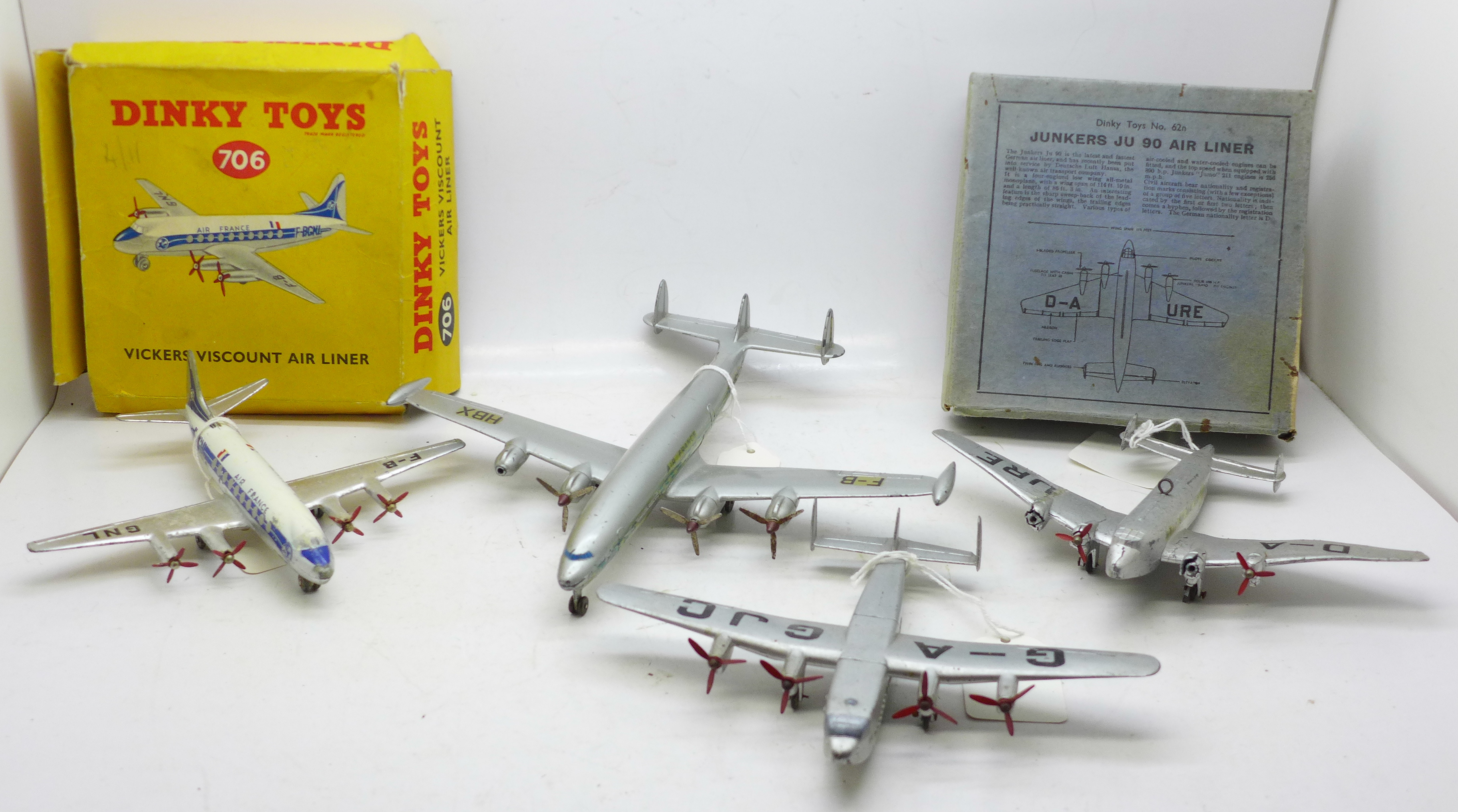 Three Dinky Toys model aircraft; 62n Junkers JU90 Airliner, boxed, a/f ...