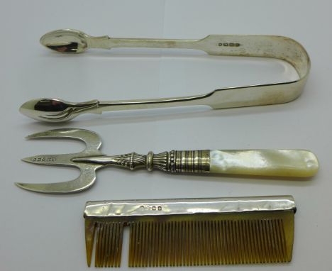 A pair of Victorian silver sugar bows, silver comb, a/f, and a silver and mother of pearl handled fork