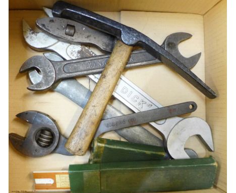 A collection of tools including two 'King-Dick' spanners, a Garrington adjustable spanner, slide rule, pick, etc.
