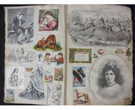 An Old Victorian Album circa 1894-1895 containing lge qty assorted scraps, cuttings and engravings, mainly comic + some topo 