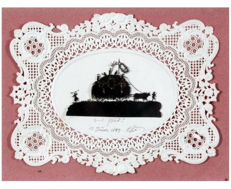 KARL HERMANN FROHLICH (1821-1989), Silhouette cutting depicting rural scene of agricultural workers on hay wagon being pulled