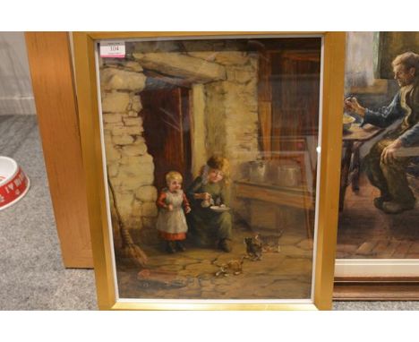 Tom McEwan R.S.W. (Scottish, 1846-1914), "The Kittens Share", signed, inscribed verso, dated 1901, oil on canvas, framed. 43c