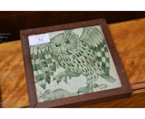 A William de Morgan pottery tile, c. 1900, Owl and Mouse, decorated in green, Sands End Pottery mark (heavily crazed, later f