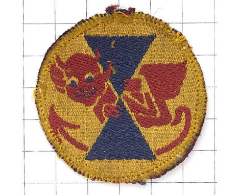 21st Army Tank Brigade WW2 cloth embroidered formation sign. Red devil looking round blue Diablo on woven yellow disc.   Remo