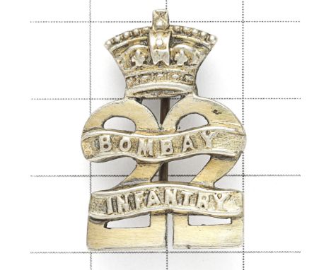 Indian Army. 22nd Bombay Infantry Officer’s pre 1903 head-dress badge. Good cast native silver crowned ‘22’ bearing ‘BOMBAY I