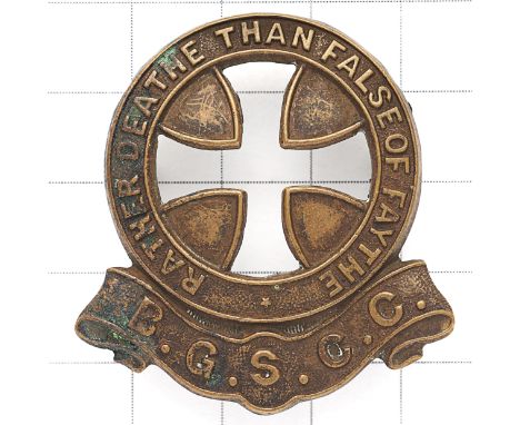 Battersea Grammar School Cadet Corps scarce 1st pattern cap badge. Die-cast brass motto circlet on ‘B.G.S.C.C.’ scroll; voide