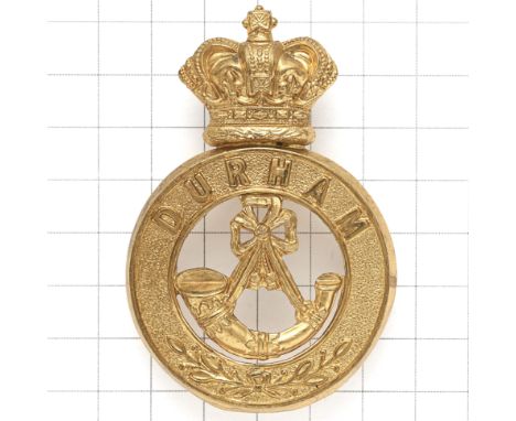 Durham Light Infantry Victorian OR’s glengarry badge circa 1881-96. A good die-stamped brass crowned ‘DURHAM’ circlet, strung