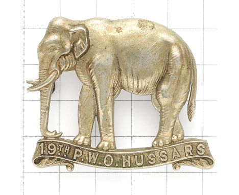 19th Hussars OR's white metal cap badge circa 1898-1902. Die-stamped single scroll elephant.  Loops VGC The Elephant was born
