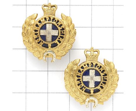 Northamptonshire Regiment pair of Officer’s collar badges circa 1953-60. Gilt, silver plate and blue enamel. (2 items)   Loop