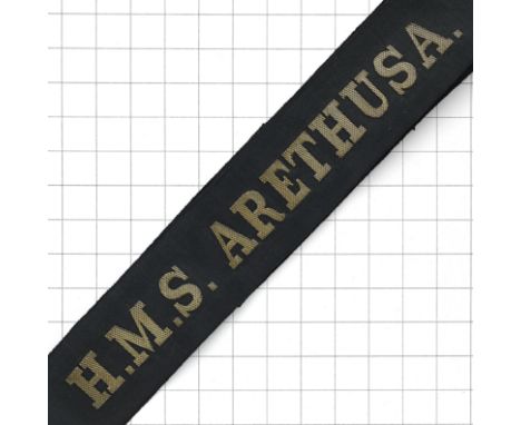 H.M.S. ARETHUSA. Royal Navy rare 1913-16 Light Cruiser cap ribbon/tally. Gold wire embroidered on back silk. Full length   VG