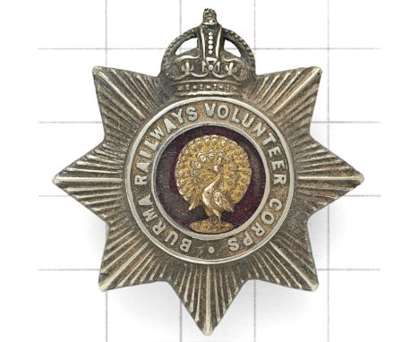 Indian Army. Burma Railways Volunteer Corps cap badge circa 1929-37. Scarce British made die-stamped white metal crowned star