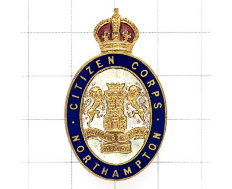 Northampton Citizen Corps scarce WW1 VTC cap badge. Crowned blue enamel title oval with town arms to centre on white enamel g