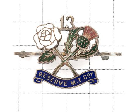 Army Service Corps 13th Reserve Transport Company rare WW1 silvered and enamel badge. Crossed white rose and thistle resting 