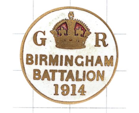 Birmingham Battalion 1914 Kitchener’s Army enamelled lapel badge. White disc with red enamelled crown flanked by GR, inscribe