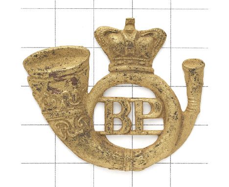 Burma Police Victorian brass cap badge circa 1880’s-1901. Die-stamped crowned French Horn with ‘BP’ to voided centre.  Loops 