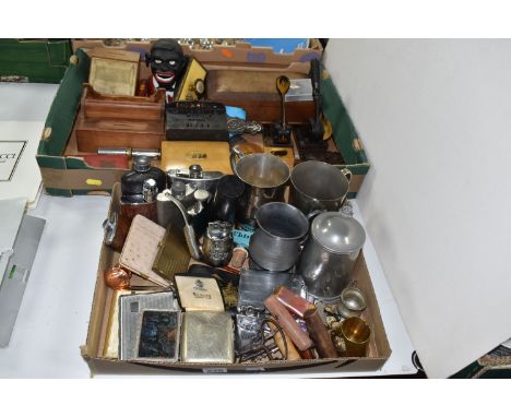 TWO BOXES OF DESK ACCESSORIES, SMOKING AND DRINKING ACCESSORIES ETC, to include a Mauchline ware trunk shaped trinket box, an