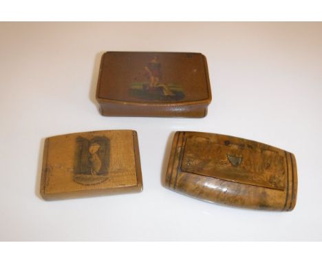 An unusual Mauchline ware snuff box, the lid decorated with a washer woman opening to reveal a zinc lined interior stamped be