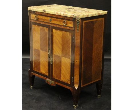 A late 19th Century French kingwood and cross-banded side cabinet, the variagated marble top with moulded edge above a single