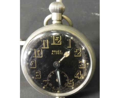 A Rolex World War II British Military issue nickle cased pocketwatch, the black enamelled dial with gilded luminous Arabic nu