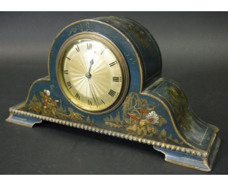 An early 20th Century blue lacquered and chinoiserie decorated, cased mantle clock, the case with Phoenix and floral spray de