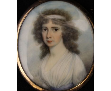 THOMAS HAZELHURST (1740-1821) "Young lady in white dress with matching hairband", oil on ivory, oval, miniature portrait stud