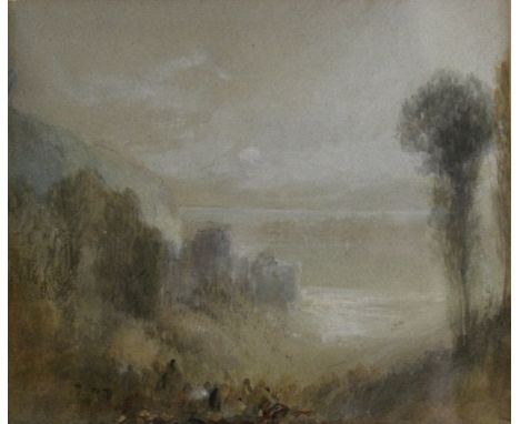 JOSEPH MALLORD WILLIAM TURNER (1775-1851) "Tancarville", a coastal landscape with town in the background, figures in the fore