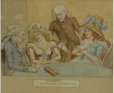 HASTINGS DRAPER AFTER T ROWLANDSON "Cribbage" and three further AFTER GEORGE CRUICKSHANK including "Peepers in Bond Street or