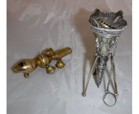 A circa 1900 silver posy holder on spring tripod stand (Barnet Henry Joseph, Birmingham) and a late George III silver gilt ba